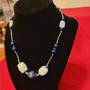 Lapis Lazuli and Quartz Blue and White Beaded Necklace